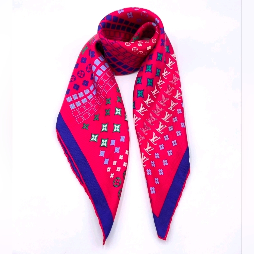 Auth Louis Vuitton Monogram red multicolor Silk Scarf W/Box - Picture 3 of 16